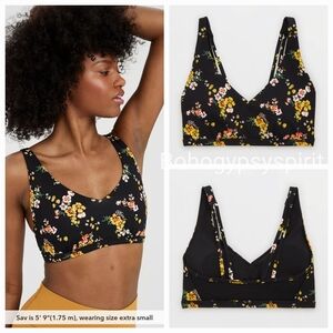 NWT $45 Offline By Aerie Goals True Black Floral Plunge SportsBra, Size Large
